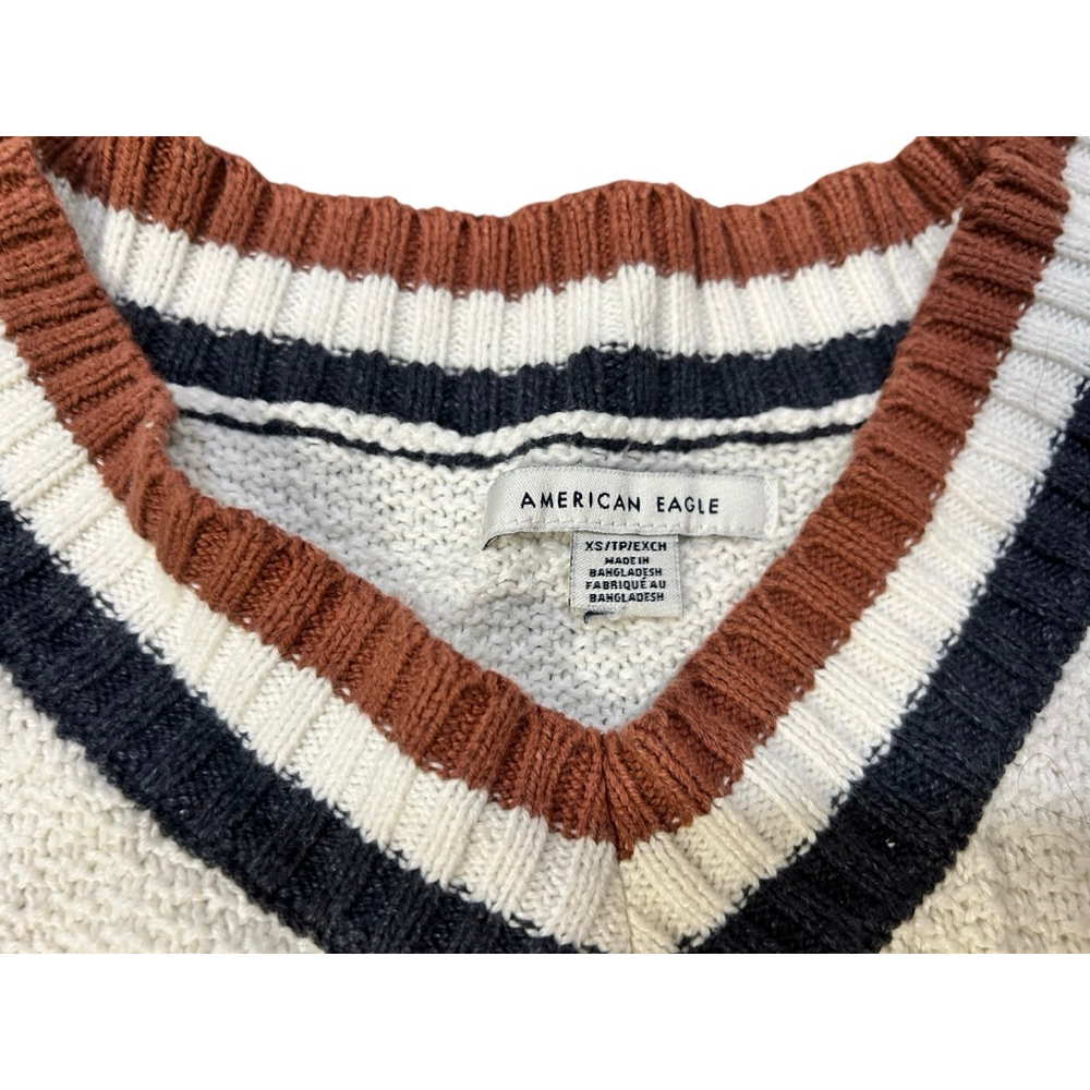 American Eagle White Brown V-Neck Sweater XS - Picture 4 of 7